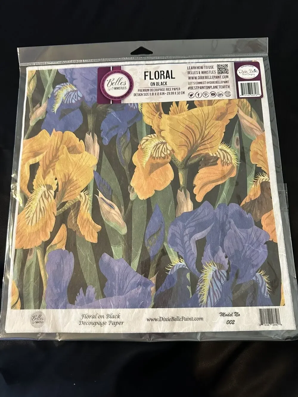 New Sealed Belles & Whistles Floral On Black Decoupage Rice Paper 11.81”x12.6”